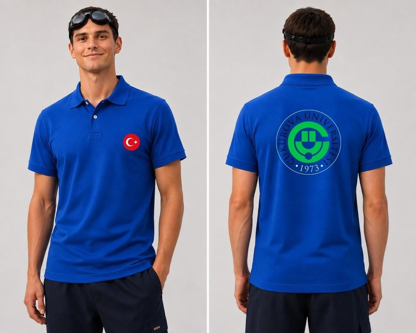 Çukurava Üniversitesi ve Türk Bayrağı  Baskılı Polo (Lacost) Yaka T-shirt Mavi