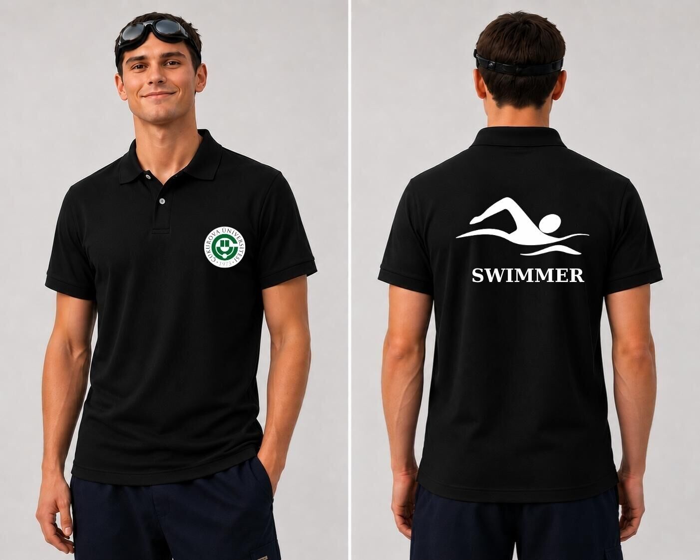 Çukurava Üniversitesi Figür Swimmer  Baskılı Polo (Lacost) Yaka T-shirt Siyah