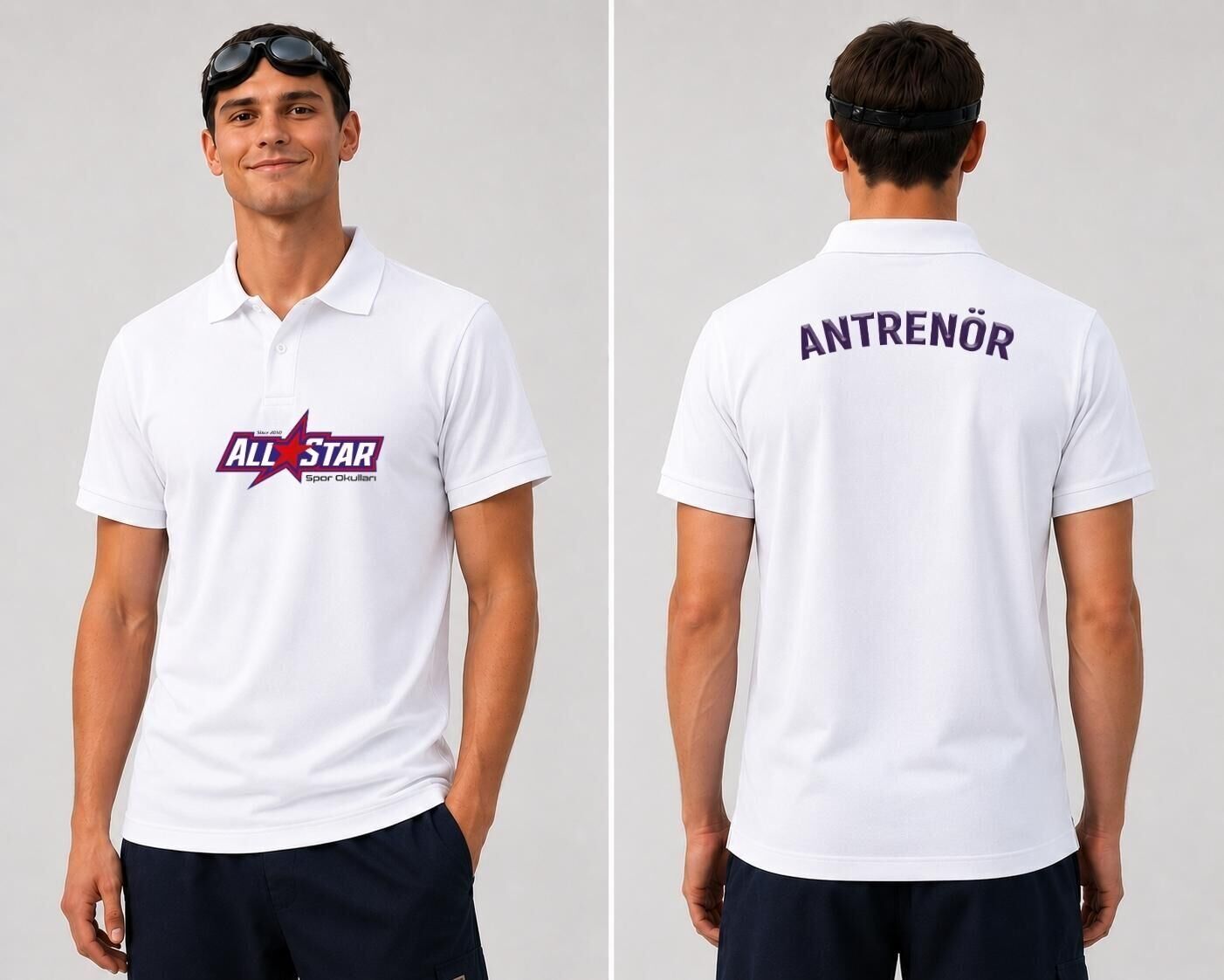 AllStar Spor Kulübü Logo ve Antrenör Baskılı Polo (Lacost) Yaka T-shirt Beyaz