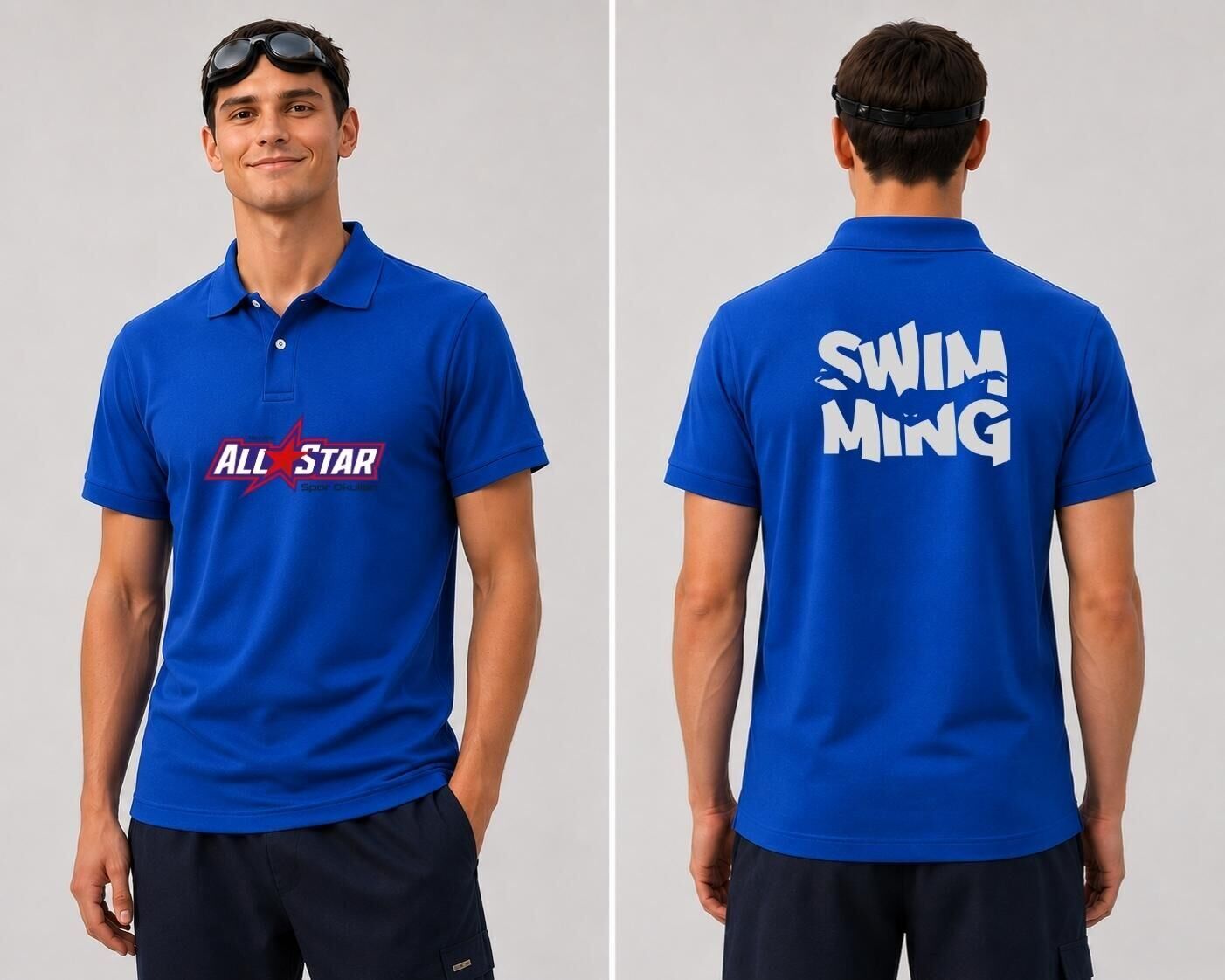 AllStar Spor Kulübü Logo ve Swimming Figür Polo (Lacost) Yaka T-shirt Mavi