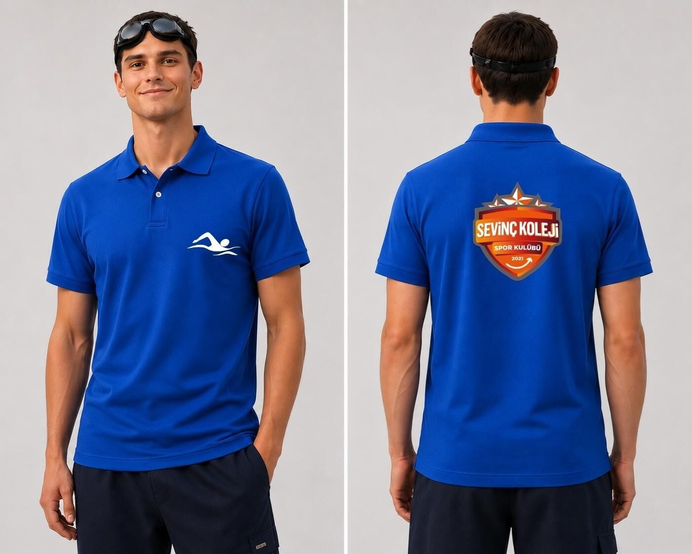 Sevinç Okulu Logo ve  Figür Baskılı Polo (Lacost) Yaka T-shirt Mavi