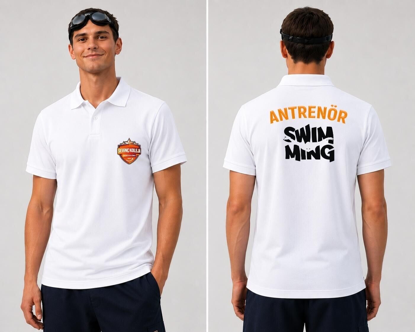 Sevinç Okulları  Logo ve Swimming Figür Antrenör Baskılı  Polo (Lacost) Yaka T-shirt Beyaz